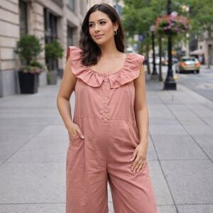 The Nines By Hatch Cotton Blend Maternity Jumpsuit Ruffle Neck Wide Leg
